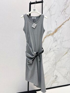 LOEWE Gray Sleeveless Draped Midi Dress with Belt